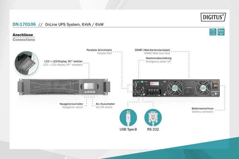 Digitus Skaitmenas | Internetinis UPS | OnLine UPS modulis DN-170106, 6000VA, 6000W, 2U, 1x USB 2.0 tipas B, 1x RS232, LCD, LED, Pure Sine Wave, 440x86.5x620mm, 14kg | 6000 VA | 6000 W