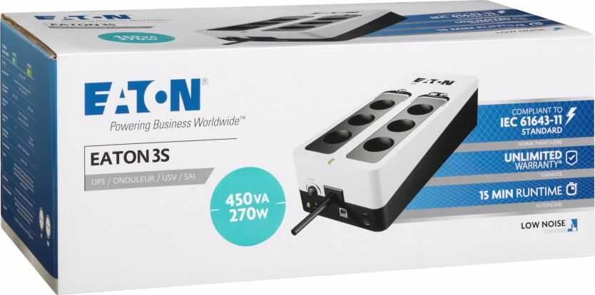 Eaton 3S450D nepertraukiamo maitinimo resursai (UPS) Budėjimo režimas (neprisijungus) 450 VA 270 W 6 AC išvestis(ys / čių)
