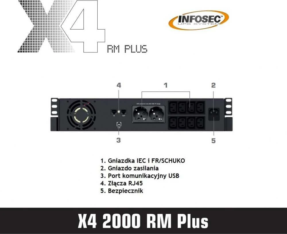 „Infosec X4 2000 RM Plus“ nepertraukiamo maitinimo šaltinis (UPS), interaktyvus linijinis ryšys, 2 kVA, 1200 W, 10 kintamosios srovės lizdų