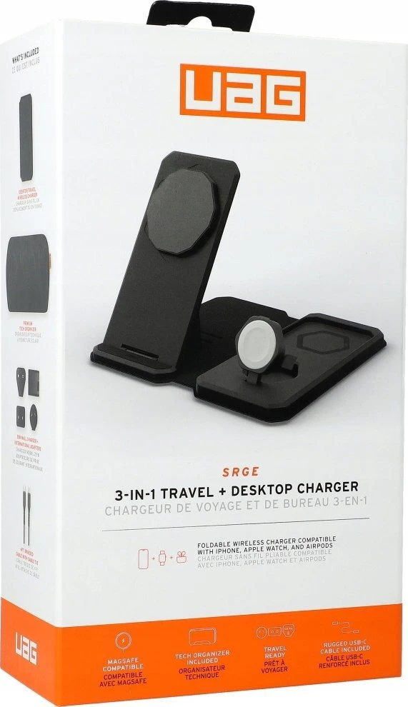 Urban Armor Gear UAG 3in1 kelioninis įkroviklis 15W, suderinamas su „MagSafe“, laidai, kištukai ir organizatorius pridedami (juoda)