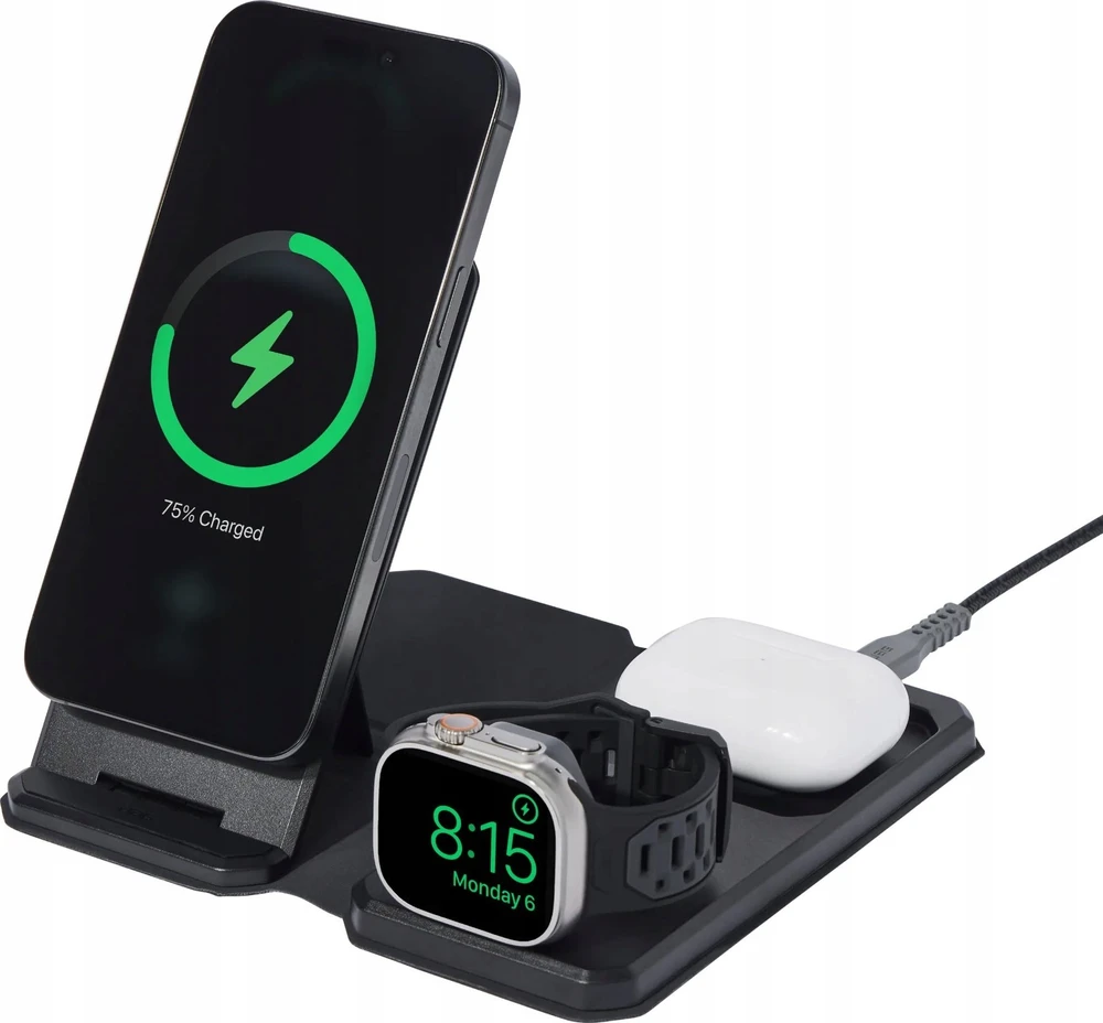 Urban Armor Gear UAG 3in1 kelioninis įkroviklis 15W, suderinamas su „MagSafe“, laidai, kištukai ir organizatorius pridedami (juoda)
