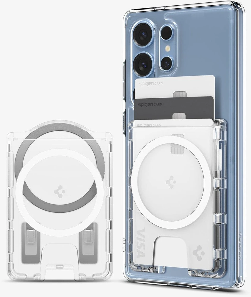 Dėklas „Spigen Ultra Hybrid“ piniginė „MagSafe+“, krištolo skaidrumo – „Samsung Galaxy S25“ serijai