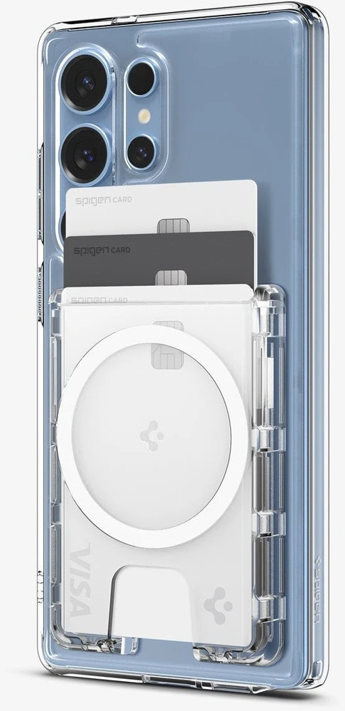 Dėklas „Spigen Ultra Hybrid“ piniginė „MagSafe+“, krištolo skaidrumo – „Samsung Galaxy S25“ serijai