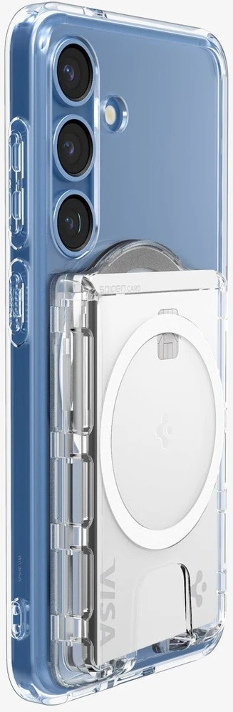 Dėklas „Spigen Ultra Hybrid“ piniginė „MagSafe+“, krištolo skaidrumo – „Samsung Galaxy S25“ serijai