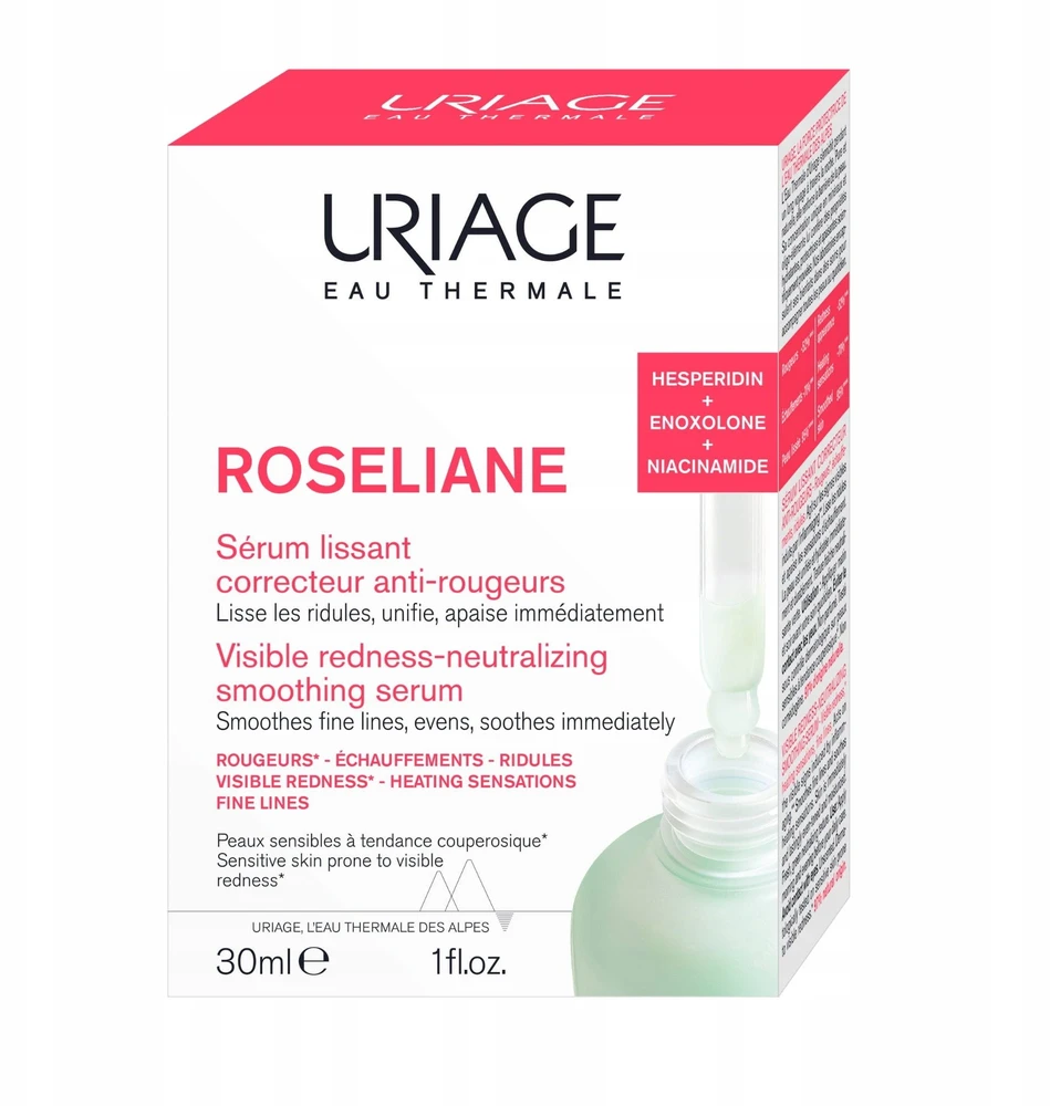 Uriage Roséliane Visible Redness-Neutralizing Smoothing Serum raminantis serumas jautriai / raustančiai veido odai, 30 ml