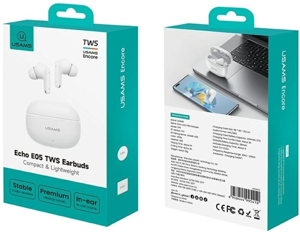 USAMS E05 TWS ausinės Bluetooth 6.0 belaidės baltos spalvos