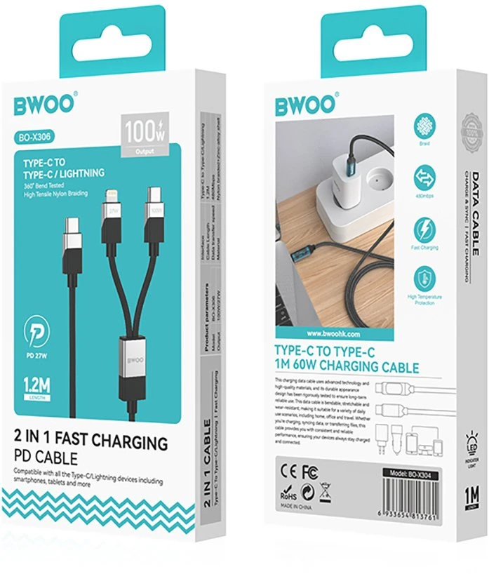 BWOO Pintas "2-in-1" kabelis USB-C - USB-C ir "Lightning" 1 m 100W27W juodas