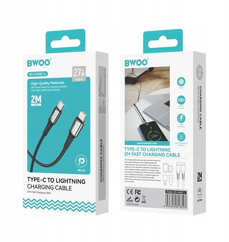 BWOO Pintas laidas USB-C – Lightning 3m 30W juodas