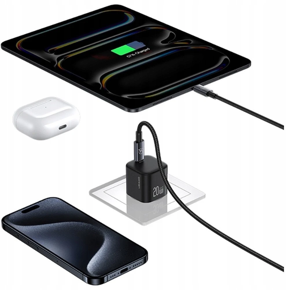 Laidinis įkroviklis USAMS JO Series CC260 20W USB-C + 1m USB-C/USB-C Cable baltos spalvos