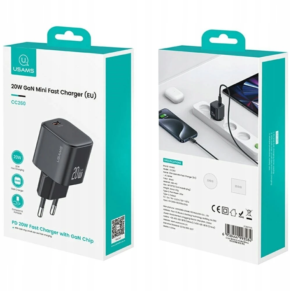 Laidinis įkroviklis USAMS JO Series CC260 20W USB-C + 1m USB-C/USB-C Cable baltos spalvos