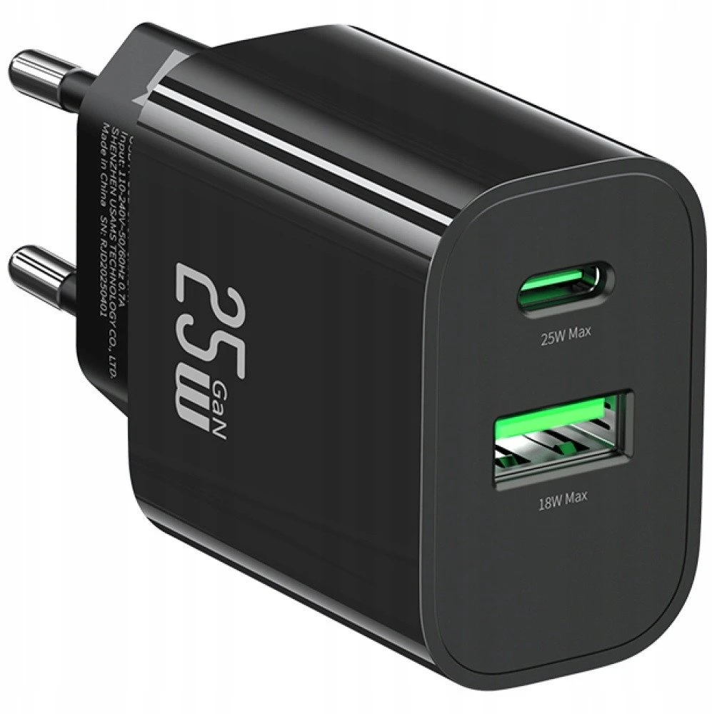 Laidinis įkroviklis USAMS CC315 T65 25W 1xUSB-C 1xUSB-A Fast Charging juodos spalvos