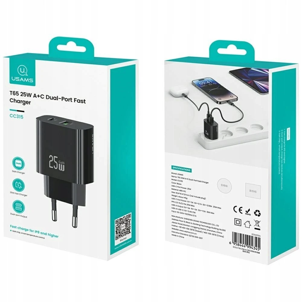 Laidinis įkroviklis USAMS CC315 T65 25W 1xUSB-C 1xUSB-A Fast Charging juodos spalvos