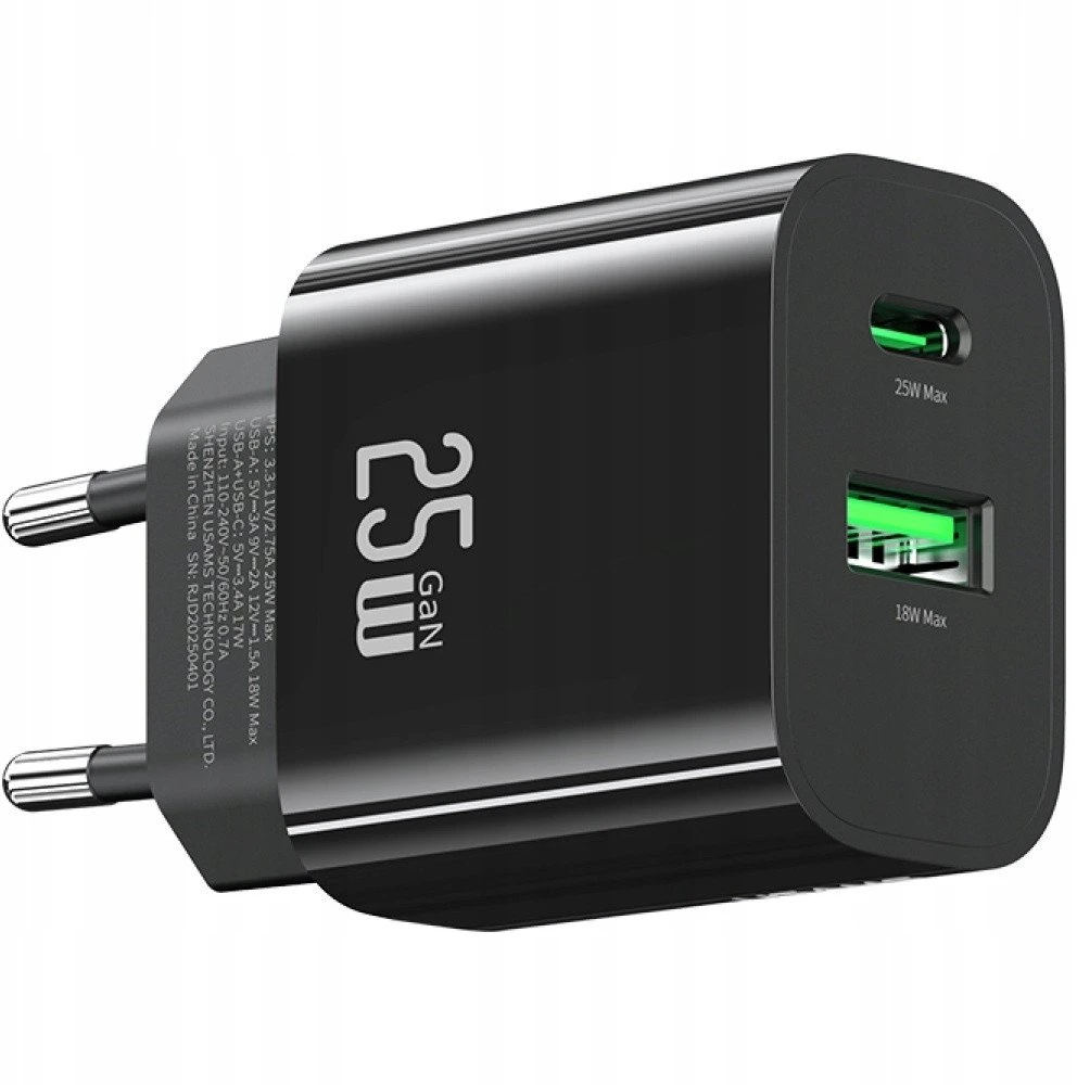 Laidinis įkroviklis USAMS CC315 T65 25W 1xUSB-C 1xUSB-A Fast Charging juodos spalvos