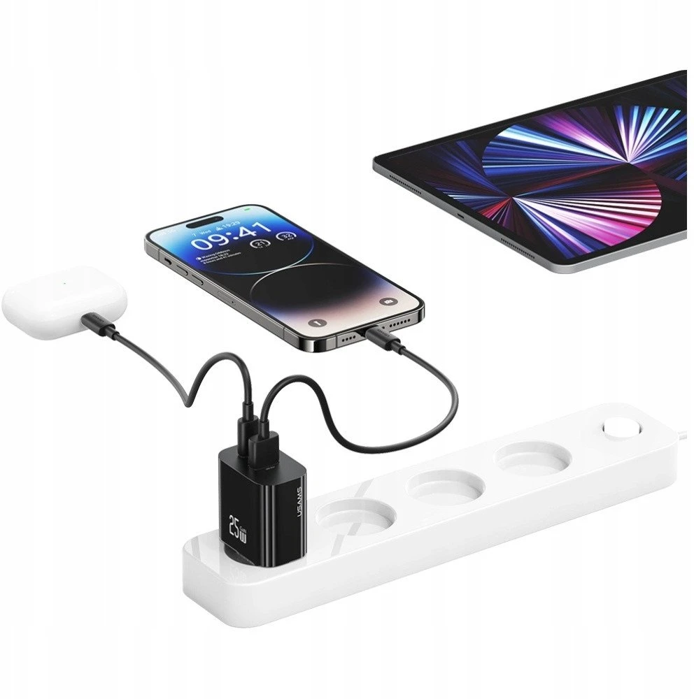 Laidinis įkroviklis USAMS CC315 T65 25W 1xUSB-C 1xUSB-A Fast Charging juodos spalvos