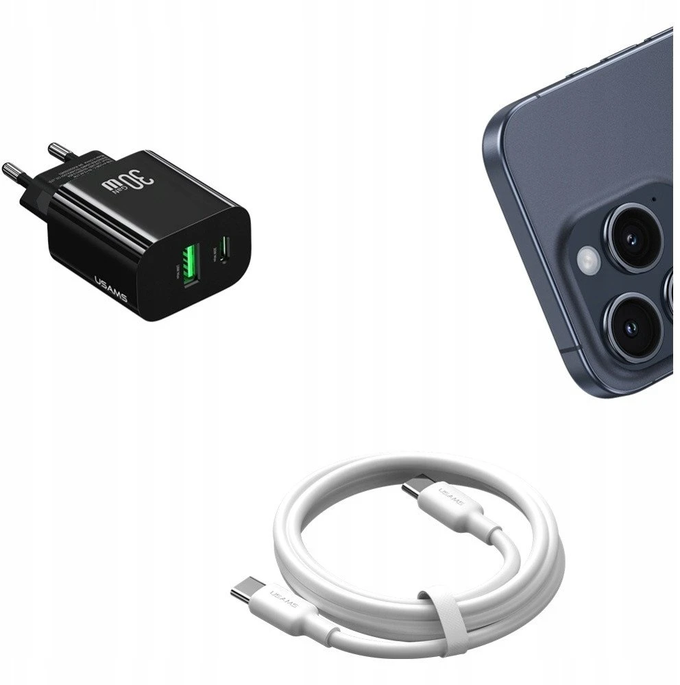 Laidinis įkroviklis USAMS CC316 T65 30W 1xUSB-C 1xUSB-A Fast Charging juodos spalvos