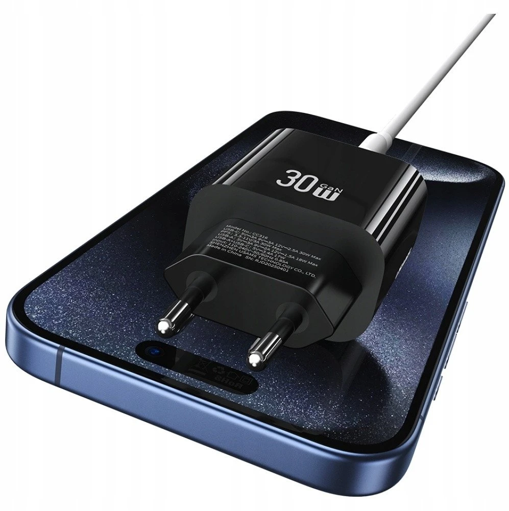 Laidinis įkroviklis USAMS CC316 T65 30W 1xUSB-C 1xUSB-A Fast Charging juodos spalvos