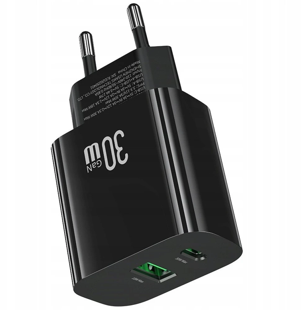 Laidinis įkroviklis USAMS CC316 T65 30W 1xUSB-C 1xUSB-A Fast Charging juodos spalvos