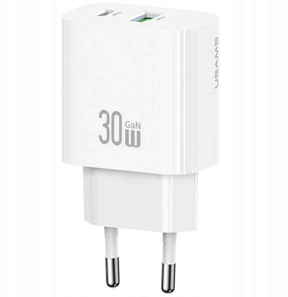 Laidinis įkroviklis USAMS CC316 T65 30W 1xUSB-C 1xUSB-A Fast Charging baltos spalvos