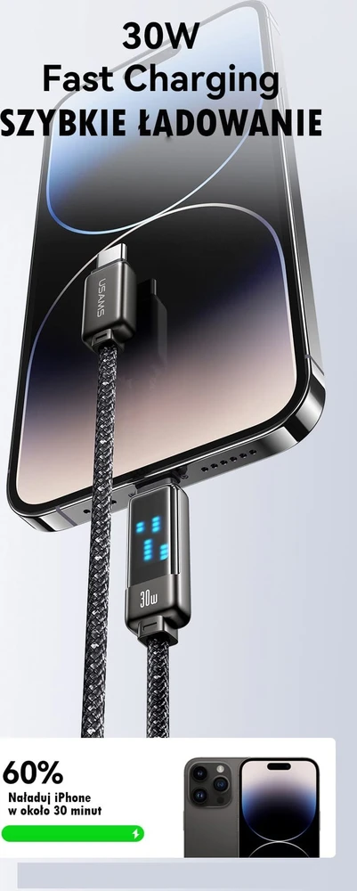 USAMS USB-C į Lightning kabelis 30W 1.2m cinko lydinio greito įkrovimo duomenų kabelis Meteor serijos SJ743USB0
