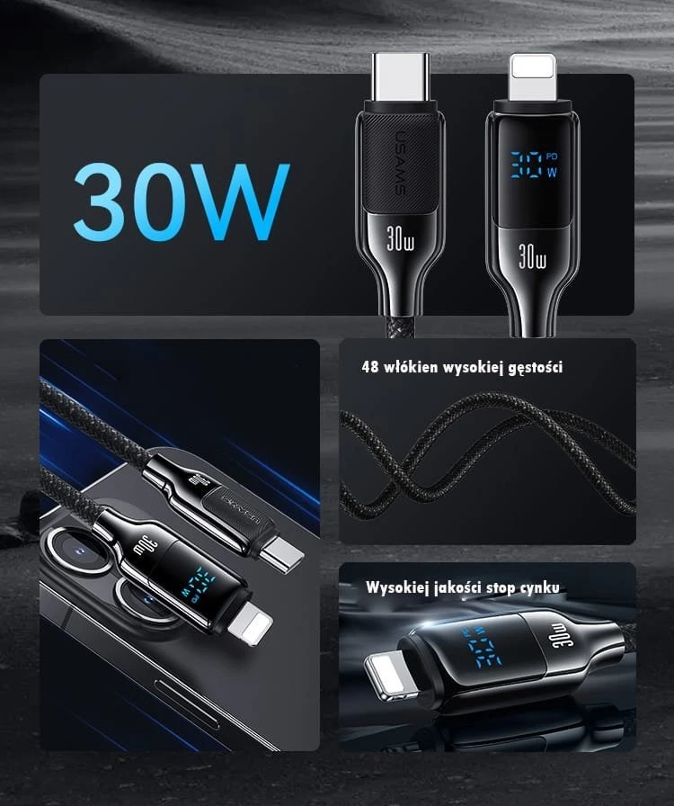 USAMS USB-C į Lightning Kabelis 30W 1.2m Digital Ekranas Zinc Alloy Fast Charging Data Kabelis HX Seri