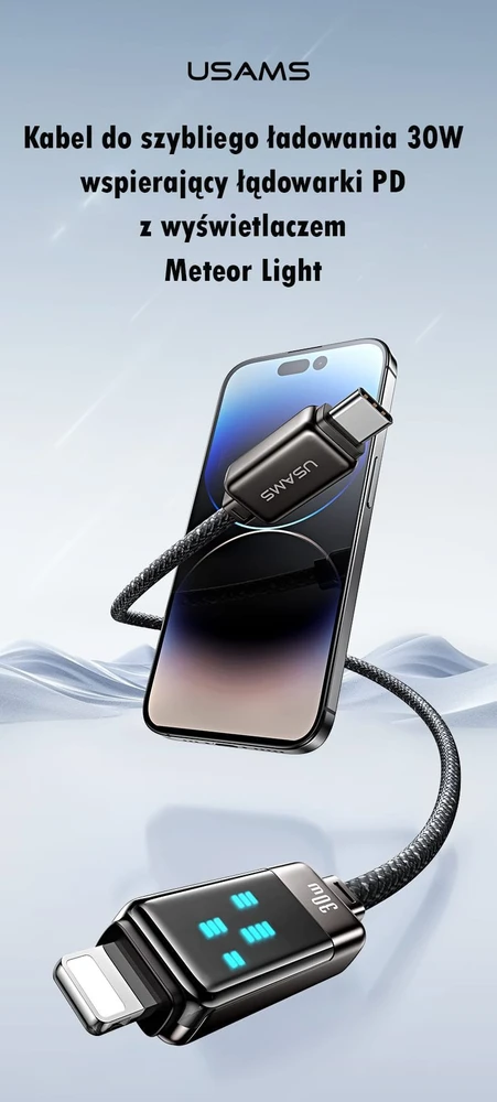 USAMS USB-C į Lightning kabelis 30W 1.2m cinko lydinio greito įkrovimo duomenų kabelis Meteor serijos SJ743USB0