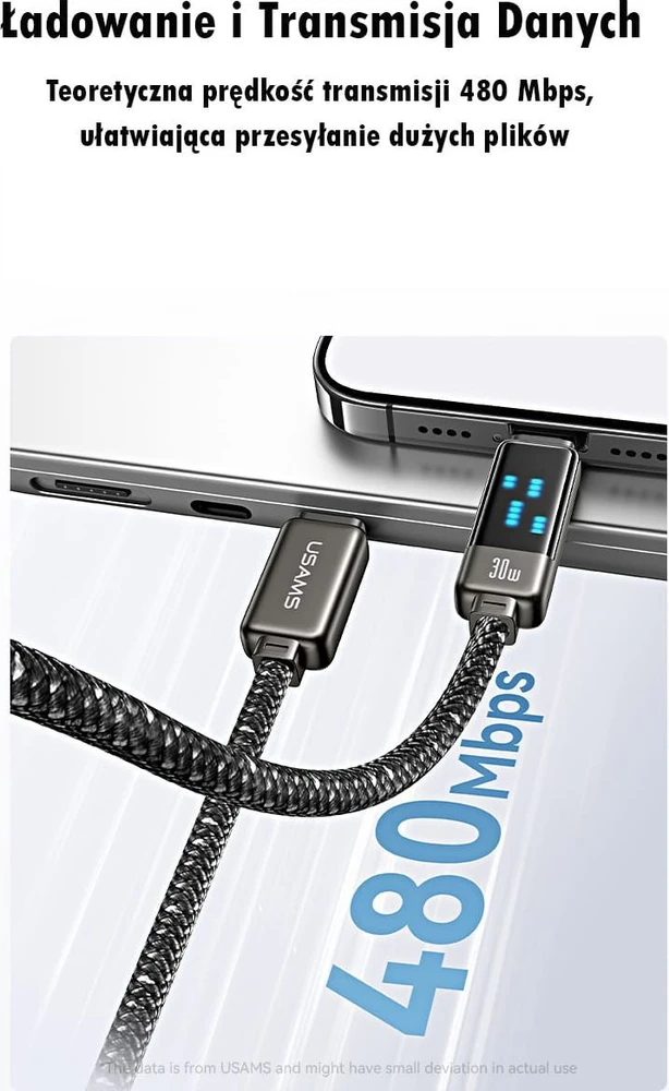 USAMS USB-C į Lightning kabelis 30W 1.2m cinko lydinio greito įkrovimo duomenų kabelis Meteor serijos SJ743USB0