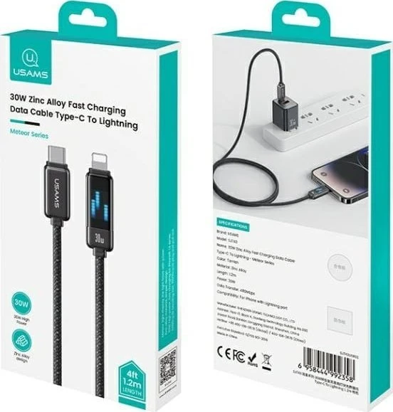 USAMS USB-C į Lightning kabelis 30W 1.2m cinko lydinio greito įkrovimo duomenų kabelis Meteor serijos SJ743USB0