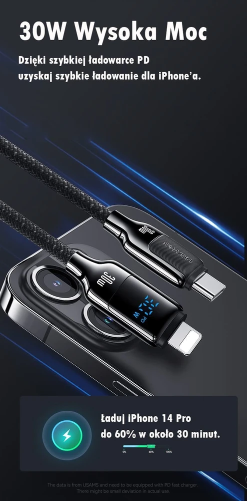 USAMS USB-C į Lightning Kabelis 30W 1.2m Digital Ekranas Zinc Alloy Fast Charging Data Kabelis HX Seri