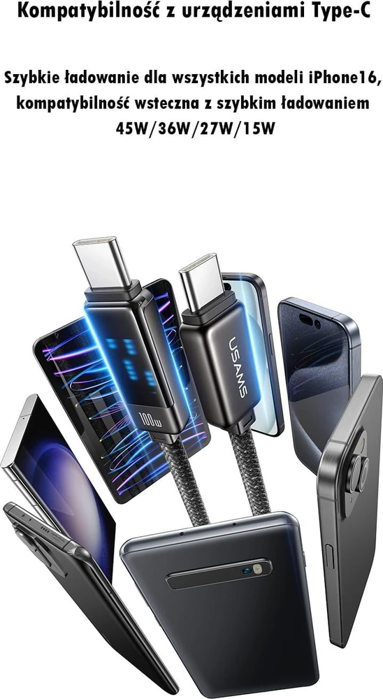 USAMS USB-C į USB-C kabelis 100W 1.2m cinko lydinio greito įkrovimo duomenų kabelis Meteor serijos SJ744USB0