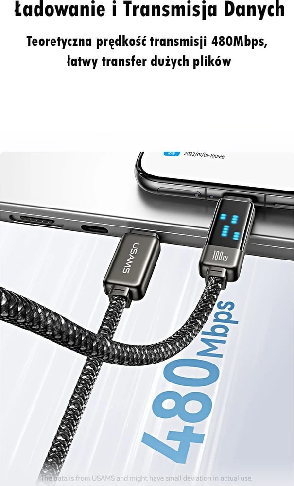 USAMS USB-C į USB-C kabelis 100W 1.2m cinko lydinio greito įkrovimo duomenų kabelis Meteor serijos SJ744USB0