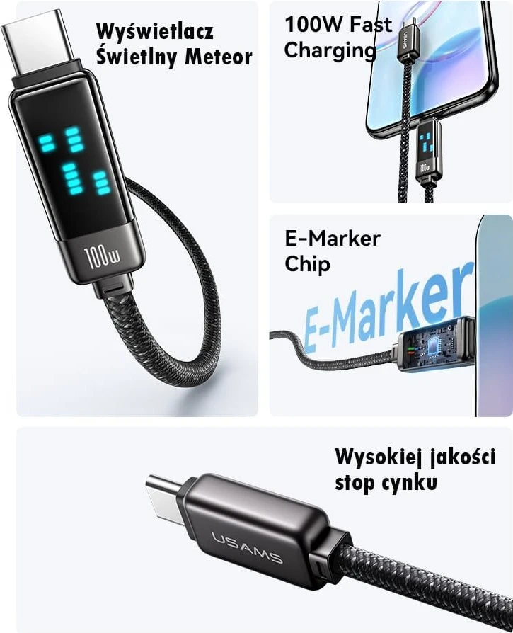 USAMS USB-C į USB-C kabelis 100W 1.2m cinko lydinio greito įkrovimo duomenų kabelis Meteor serijos SJ744USB0