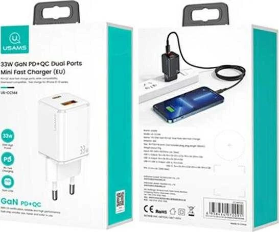 USAMS ŁAD. SIEC. 1XUSB-C+1XUSB T43 33W (TIK GALVUTĖ) PD3.0 +QC3.0 GREITAS ĮKROVIMAS Baltas /Baltas CC144TC02 (US-CC144)