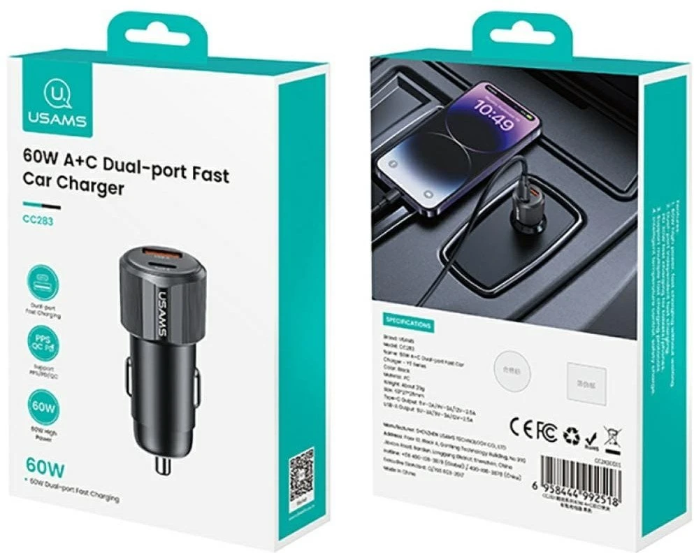 Automobilinis įkroviklis USAMS YT Series CC283 60W 1xUSB-A 1xUSB-C juodas