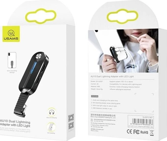 USAMS ADAPTER AU10 2W1 2X LIGTNING LED Juodas
