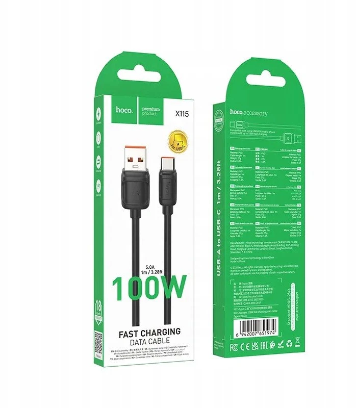 Cable USB A to USB C Hoco PD 5A 100W 1 m X115 juodas