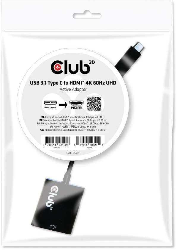 „Club 3D“ USB 3.1 C tipo į HDMI 2.0, 4K 60Hz aktyvus adapteris