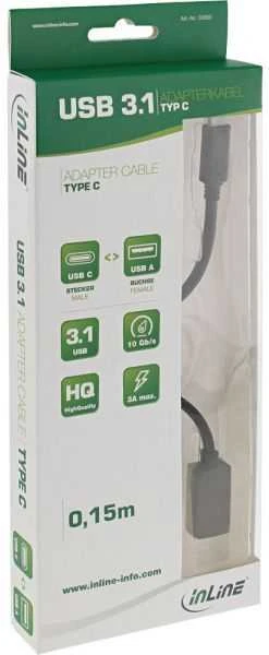 „InLine 35800“ USB 3.1 adapterio kabelis, C tipo kištukinis į A moteriškas USB tipo C kištukas iki A tipo USB lizdas 0,15 m juodas