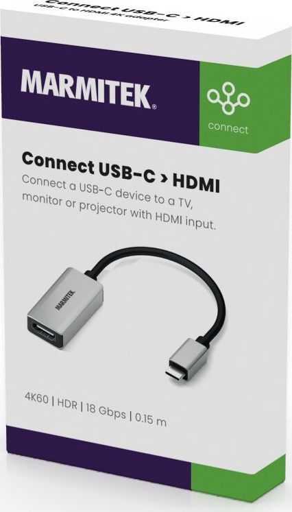 Marmitek 08369, 0,15 m, USB C tipo, HDMI, kištukas, lizdas, tiesus