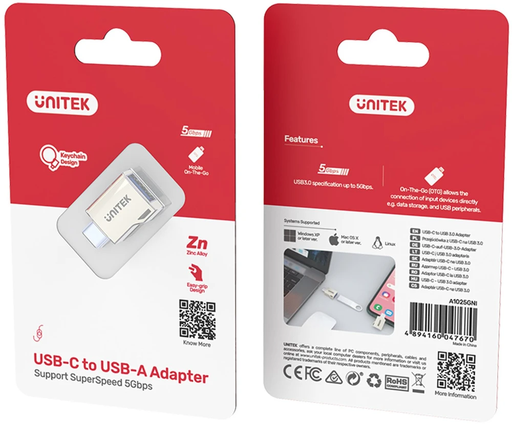 UNITEK A1025GNI ADAPTERIS USB-A – USB-C 3.1 Gen1 F/M