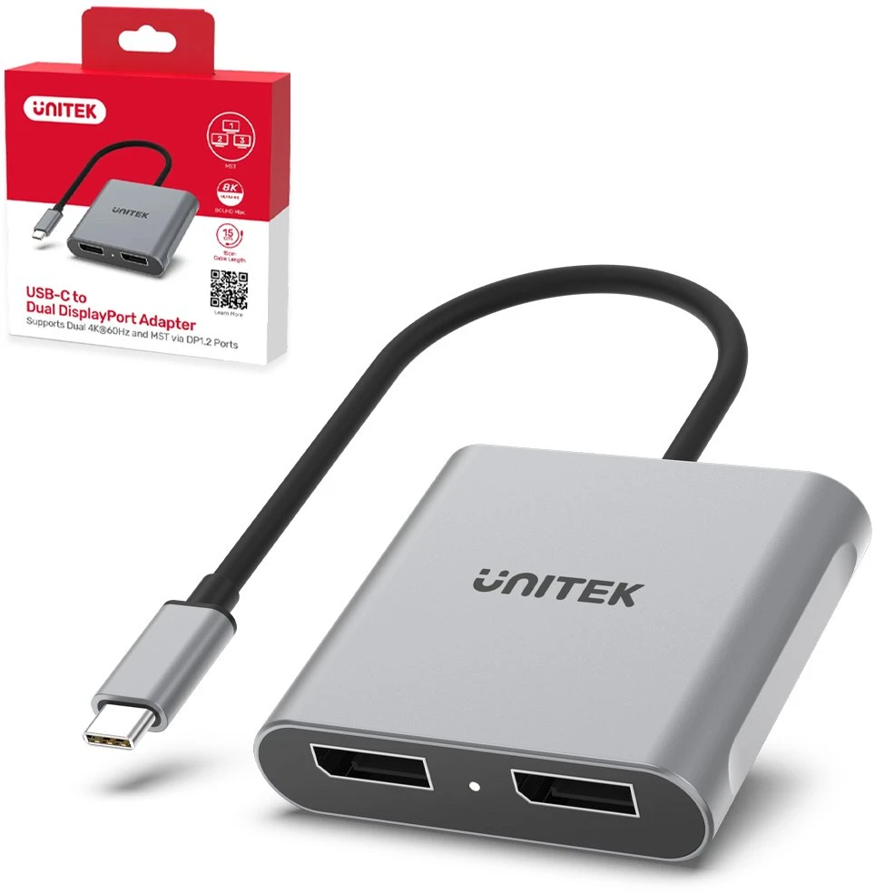 UNITEK V1404A vaizdo kabelio adapteris 0,15 m C tipo USB 2 x DisplayPort Pilka