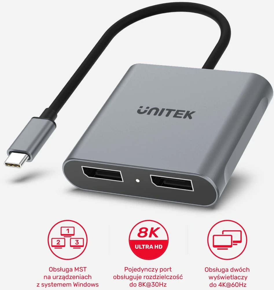 UNITEK V1404A vaizdo kabelio adapteris 0,15 m C tipo USB 2 x DisplayPort Pilka