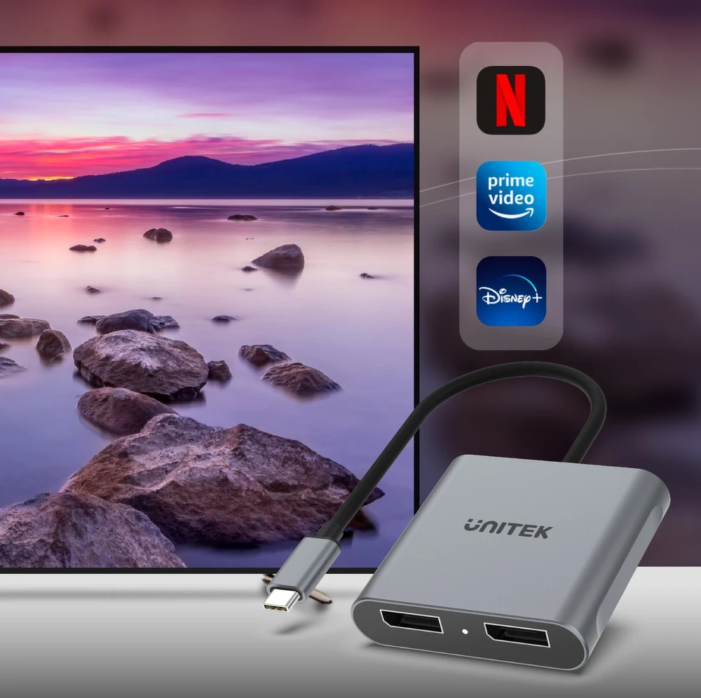 UNITEK V1404A vaizdo kabelio adapteris 0,15 m C tipo USB 2 x DisplayPort Pilka