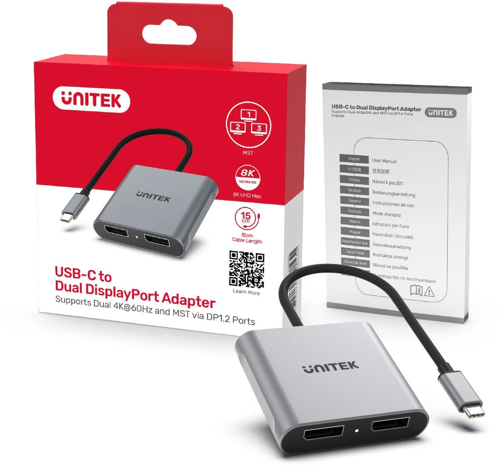 UNITEK V1404A vaizdo kabelio adapteris 0,15 m C tipo USB 2 x DisplayPort Pilka