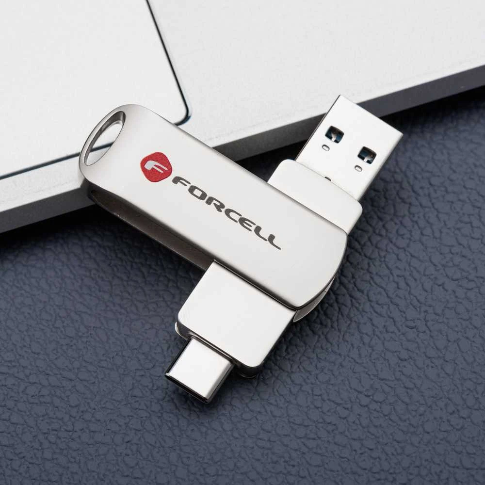 Pendrive 64GB USB 3.2 Gen 1 (USB A / USB C) Forcell F-Data Metal Duo sidabrinis