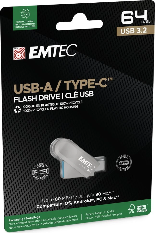 Pendrive Emtec D280 Dual 64 GB Sidabrinė (ECMMD64GD283)