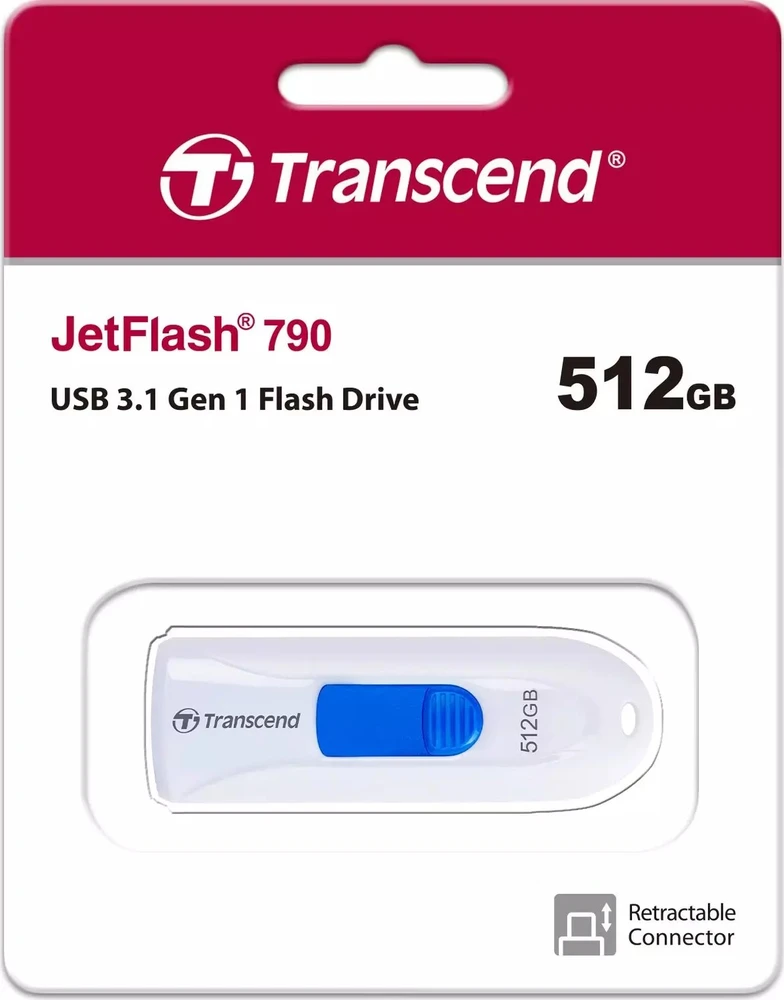 Transcend „JetFlash 790“ USB atmintinė, 512 GB, USB A tipo, 3.2 kartos 1 (3.1 kartos 1), juoda, balta