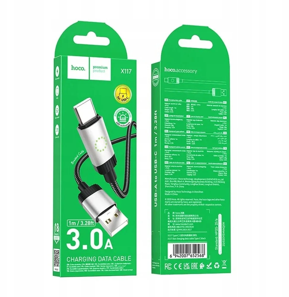 Cable USB A to USB C Hoco 3A 1 m X117 juodas