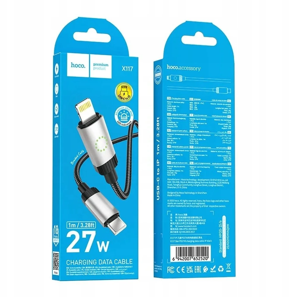 USB C - Lightning kabelis Hoco PD 27W 1 m X117 juodas