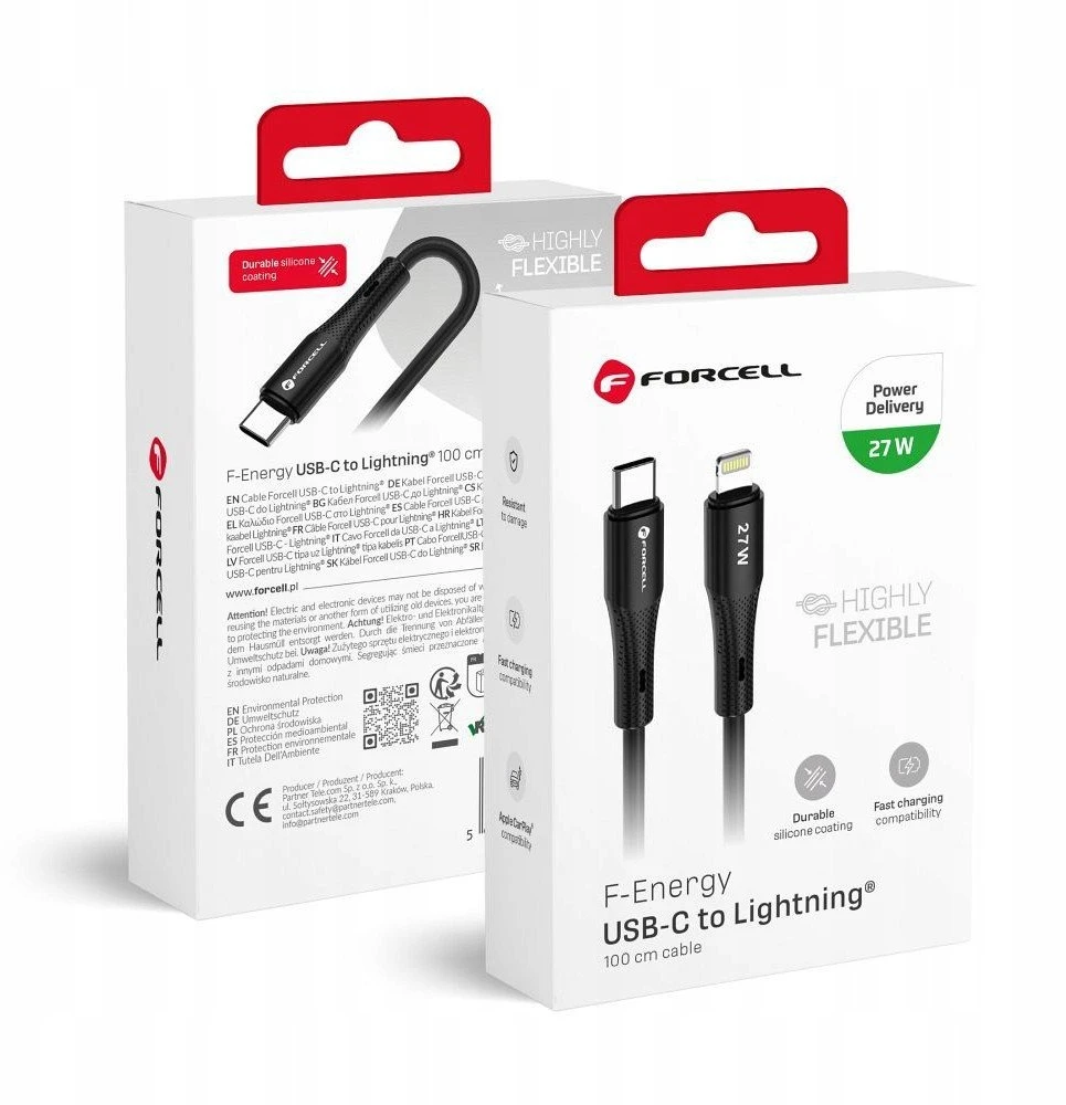 USB C - Lightning kabelis Forcell F-Energy PD 3A 27W silikoninis 1 m C346 juodas