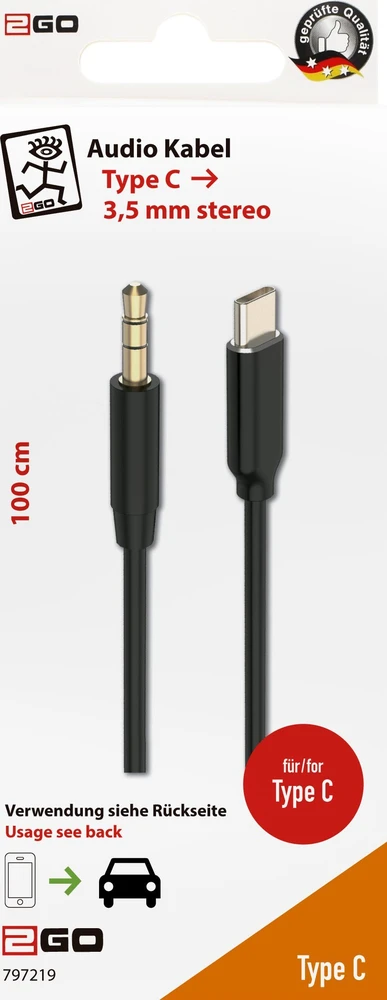 Kabelis USB 2GO Kabelis audio AUX/MP3 do USB Type-C - Stereo 100cm juoda